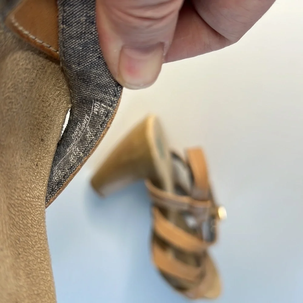 Dr. Scholl’s Band Platform Sandals Tan Leather Strappy Wooden Heel Size 10